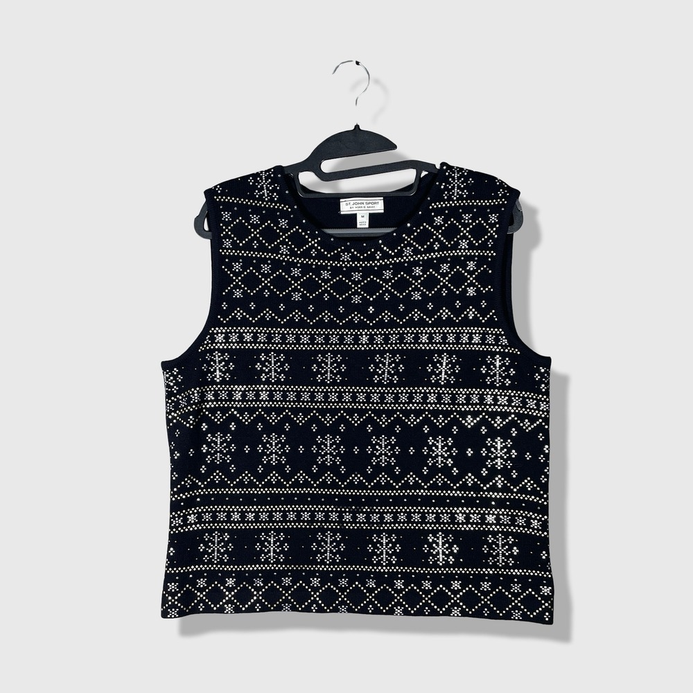 St. John Sport Sweater Vest Womens M Black Nordic Holiday Quiet Luxury